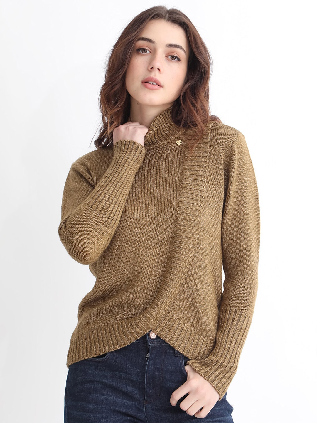 

RAREISM Ribbed High Neck Acrylic Pullover, Brown