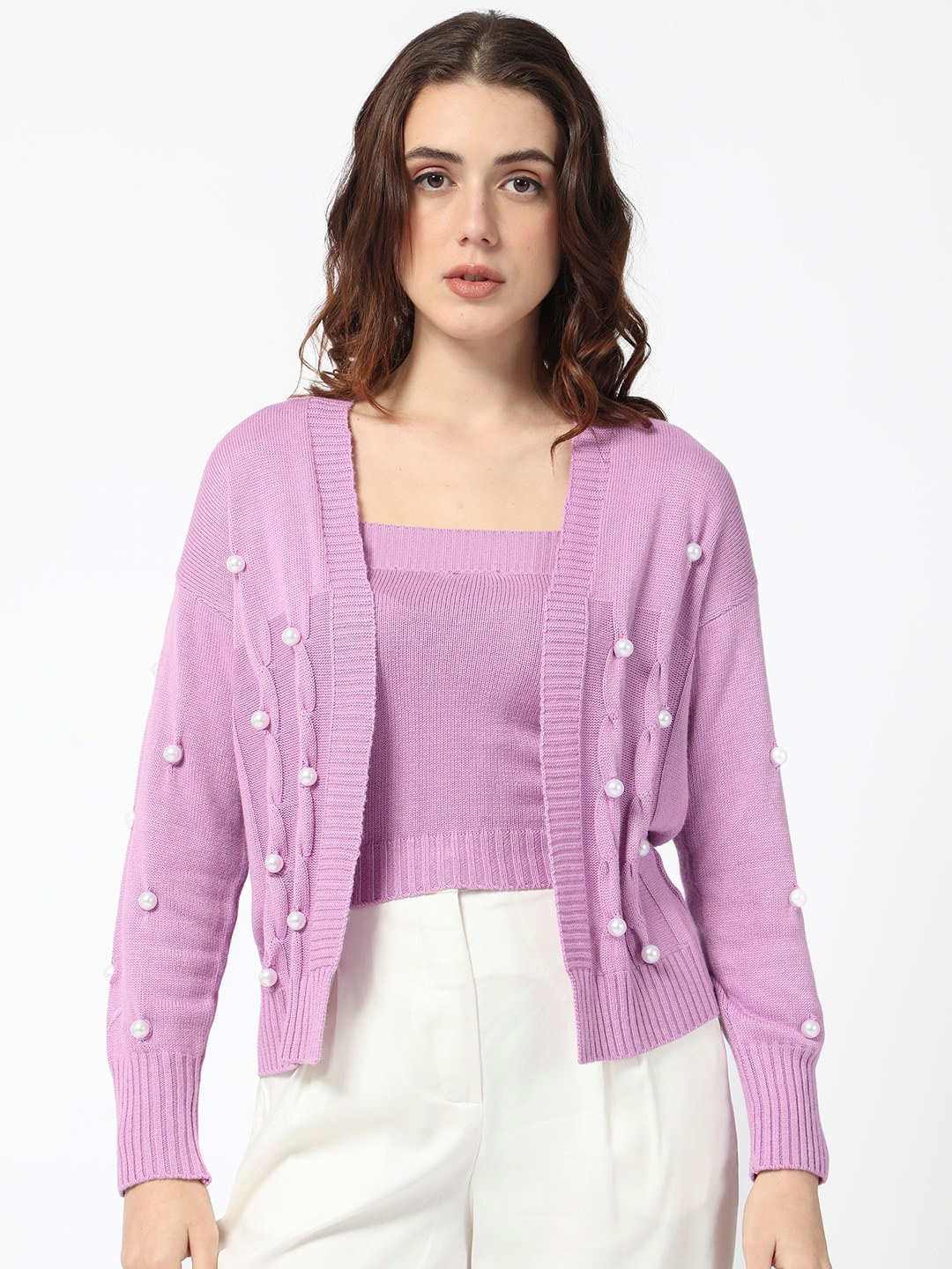 

RAREISM Cable Knit Self Design Embellished Detailed Front-Open Sweater, Purple