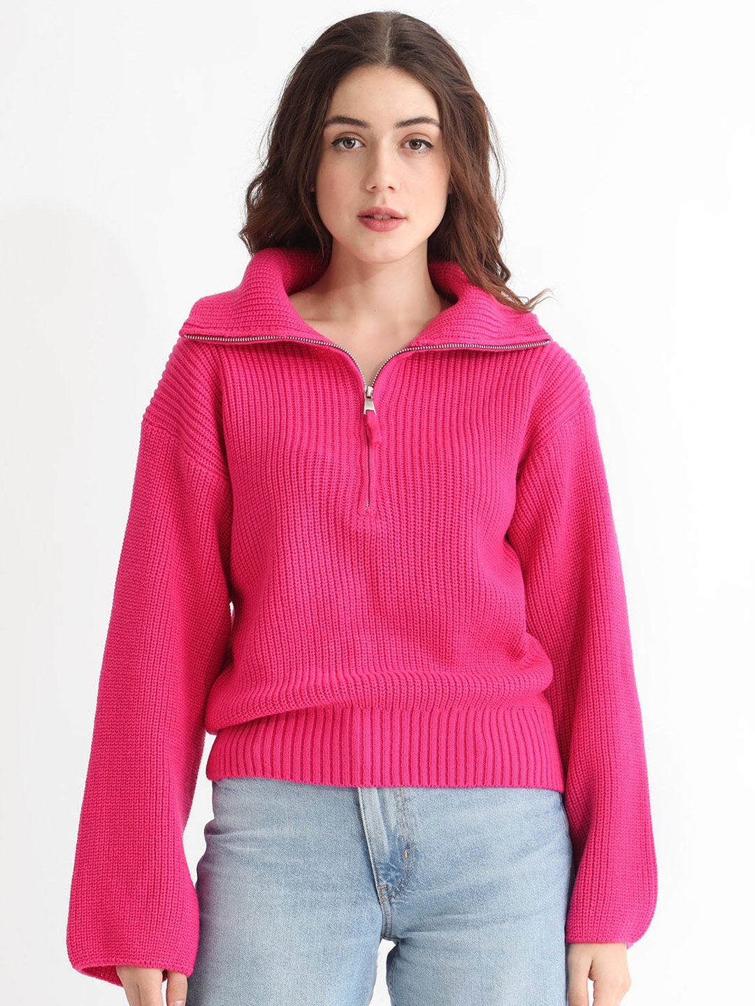 

RAREISM Ribbed Mock Collar Cotton Pullover, Pink