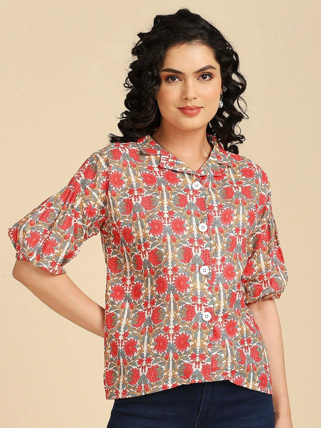 

GUFRINA Floral Printed Cuban Collar Cotton Shirt Style Top, Red