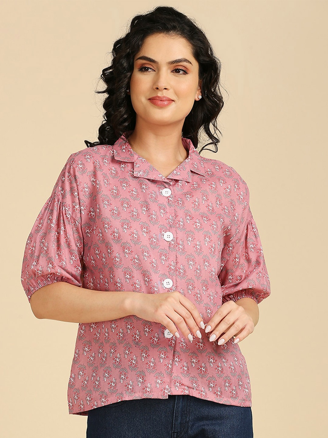 

GUFRINA Floral Printed Cuban Collar Cotton Shirt Style Top, Coral