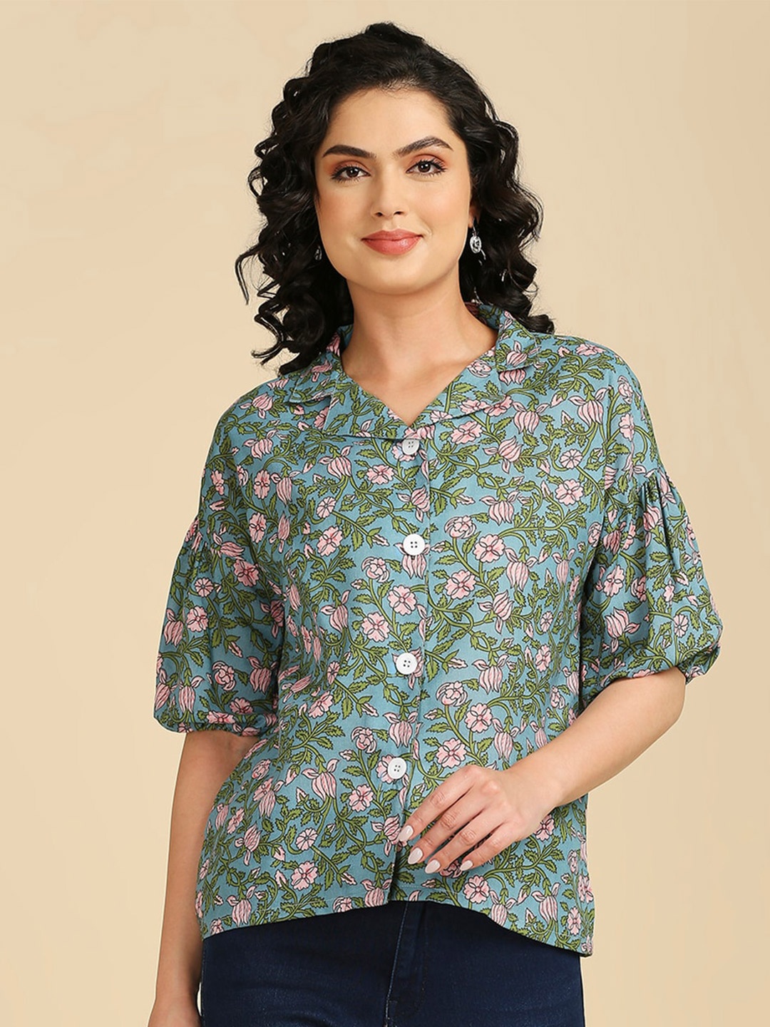 

GUFRINA Floral Printed Cuban Collar Cotton Shirt Style Top, Teal