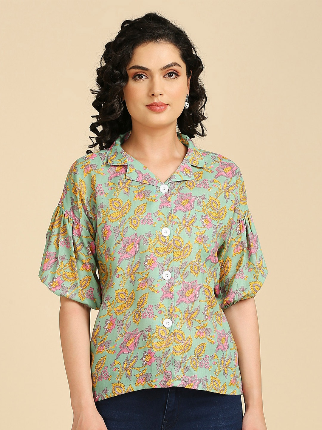 

GUFRINA Floral Printed Cuban Collar Cotton Shirt Style Top, Green