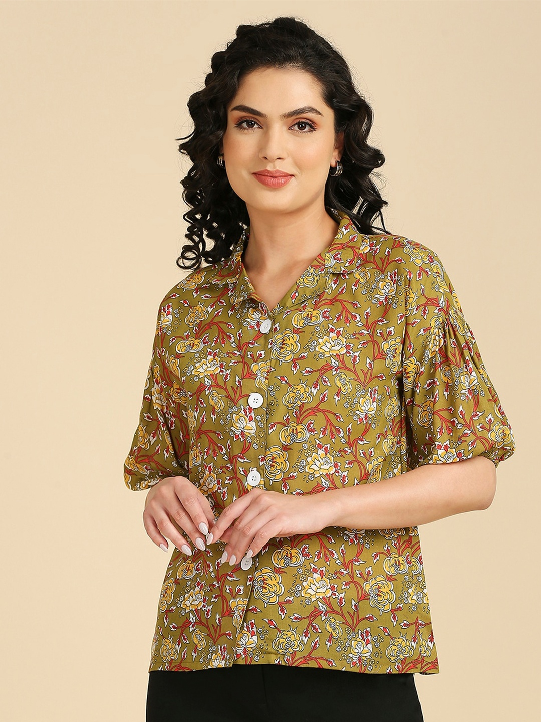 

GUFRINA Floral Printed Cotton Shirt Style Top, Olive