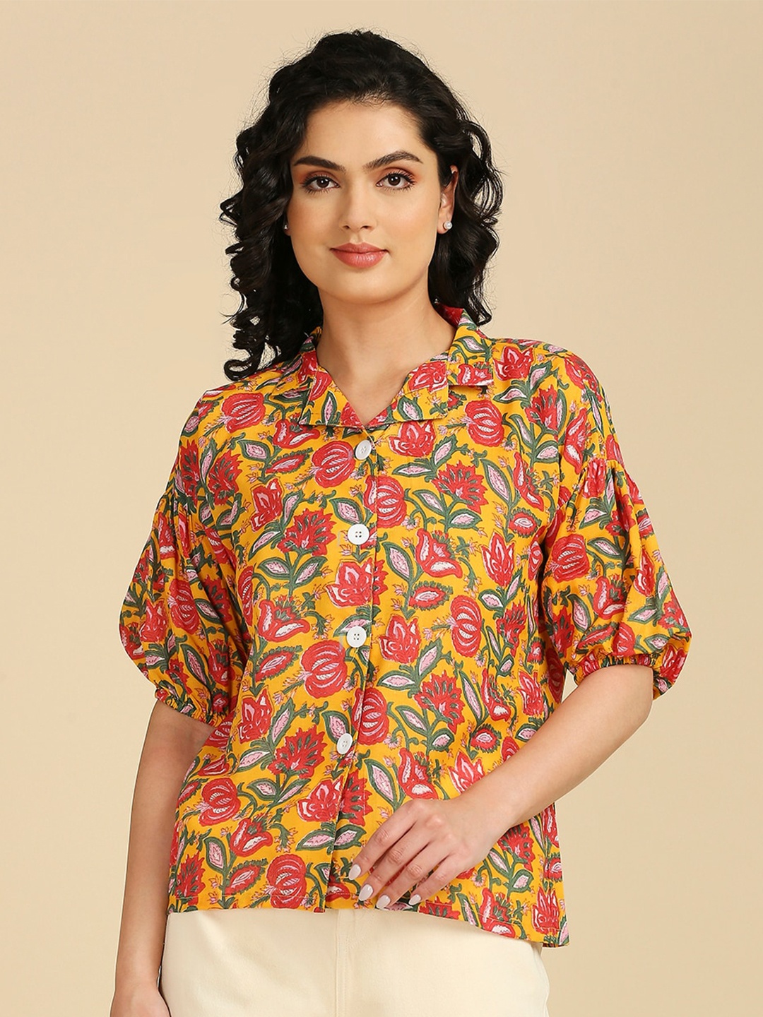 

GUFRINA Floral Printed Cotton Shirt Style Top, Yellow