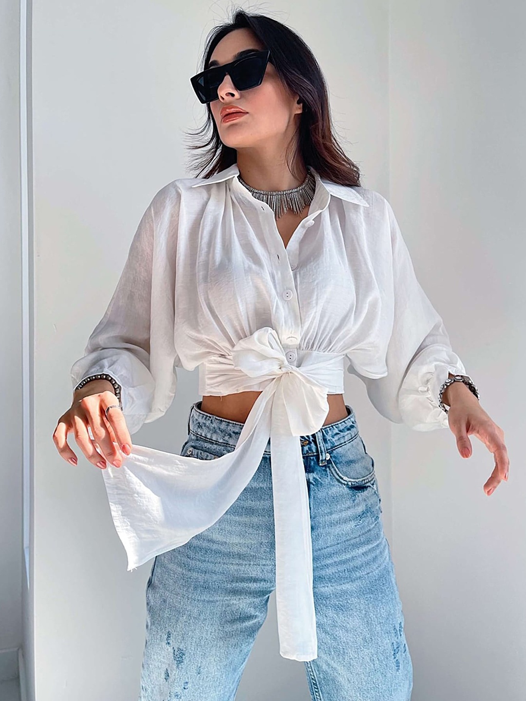 

LULU & SKY Shirt Collar Puff Sleeve Waist Tie-Ups Shirt Style Top, White