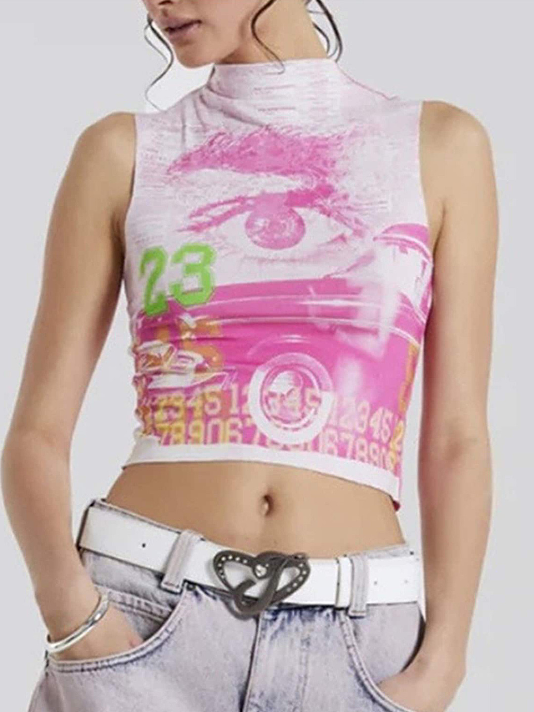 

LULU & SKY Graphic Printed Turtle Neck Crop Top, White