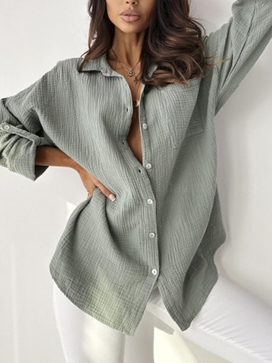

LULU & SKY Shirt Collar Roll-Up Sleeves Shirt Style Top, Grey