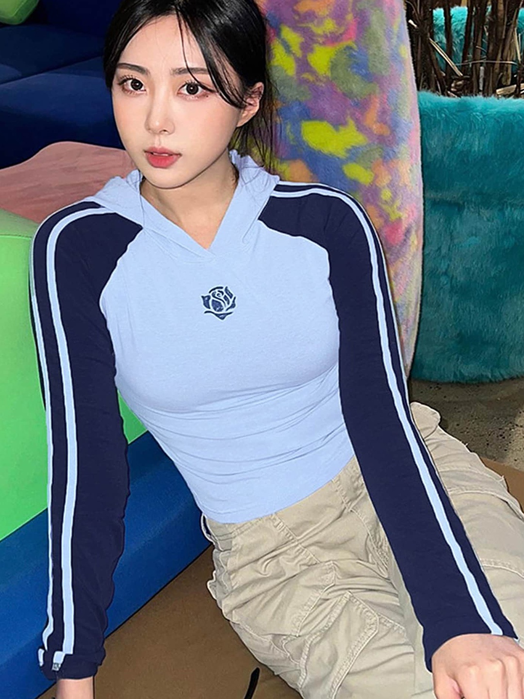 

LULU & SKY Colourblocked Hooded Cotton Regular Top, Blue