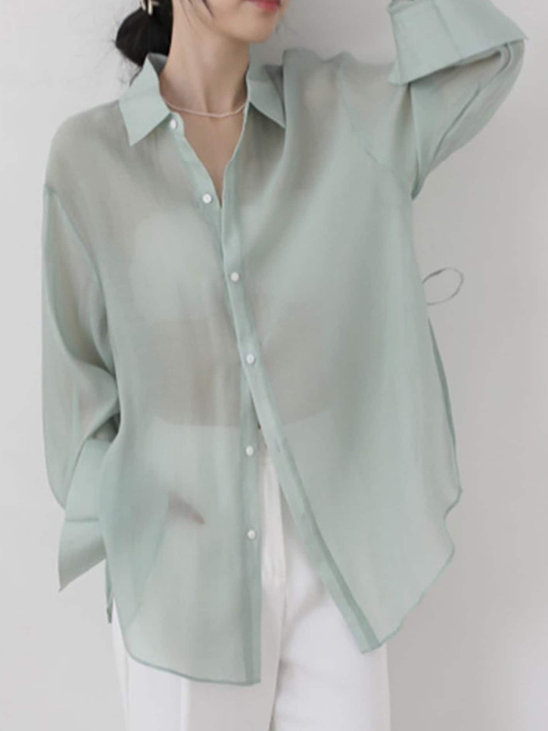 

LULU & SKY Solid Puff Sleeves Tie-Up Detail Shirt Style Top, Green