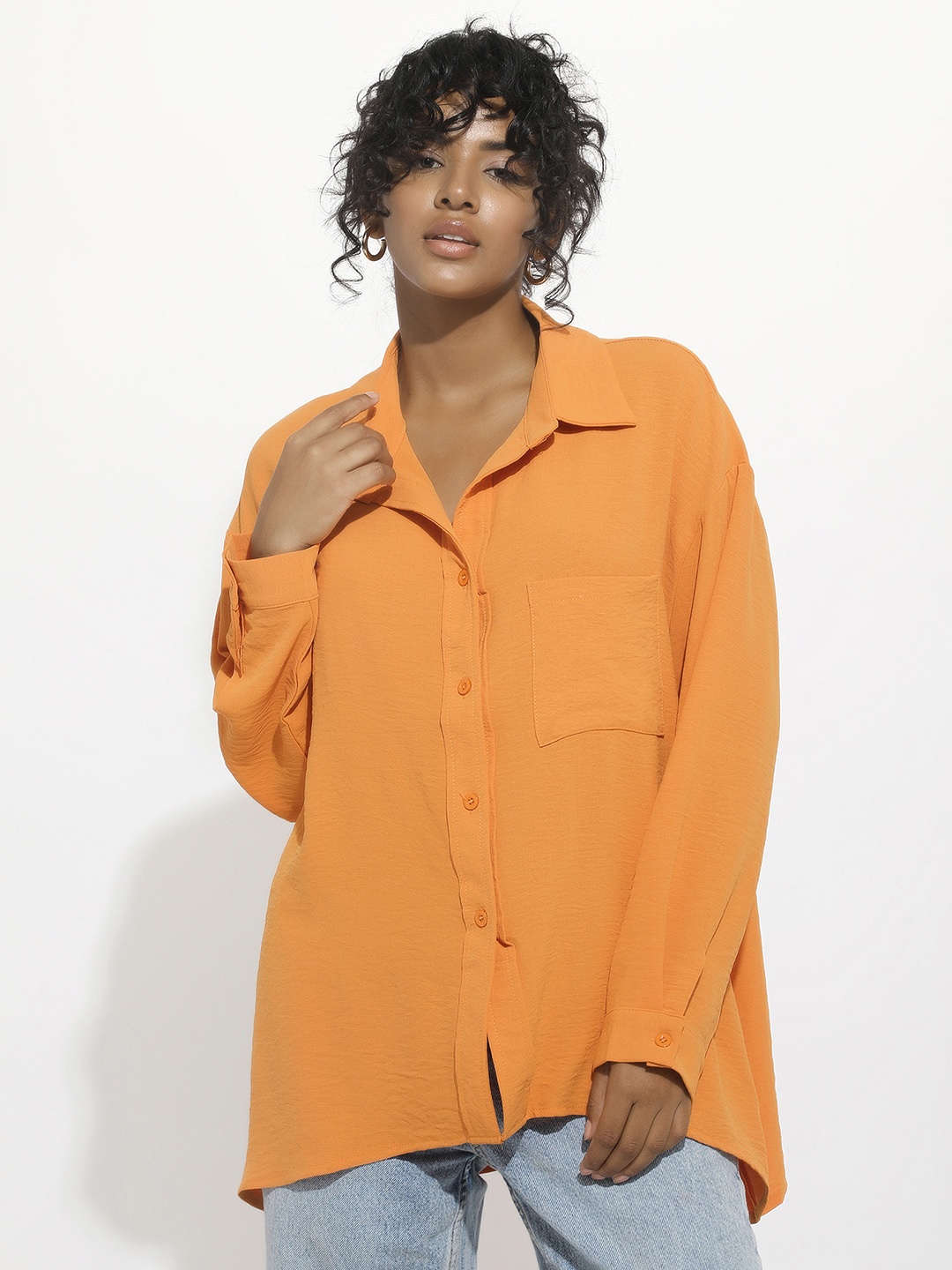 

LULU & SKY Spread Collar Long Sleeves Longline Casual Shirt, Orange
