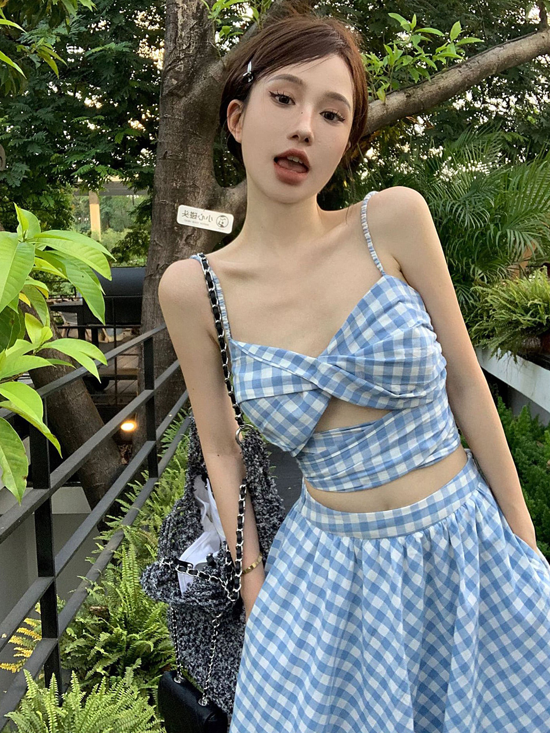 

LULU & SKY Checked Shoulder Straps Sleeveless Pleated Cotton Bralette Crop Top, Blue