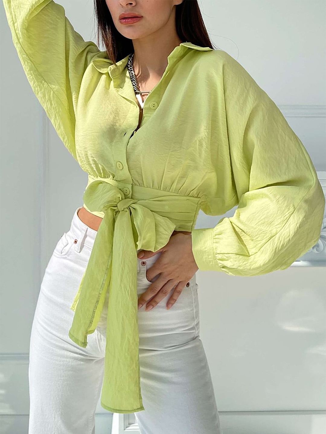 

LULU & SKY Shirt Collar Extended Sleeves Top, Yellow