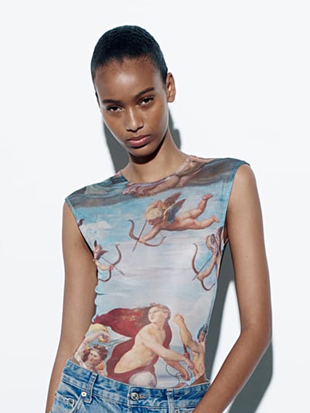 

LULU & SKY Graphic Printed Round Neck Sleeveless Bodysuit, Blue