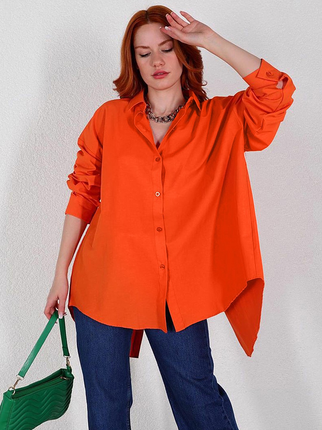 LULU & SKY Spread Collar Two-Way Button Oversized Shirt, Orange