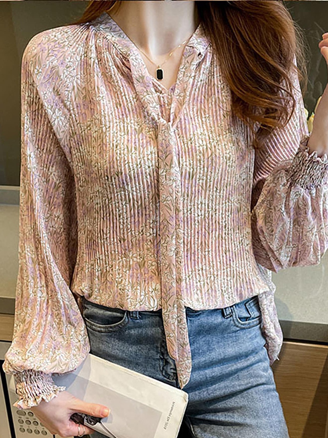 

LULU & SKY Floral Printed Tie-Up Neck Raglan Sleeves Pleated Regular Top, Pink