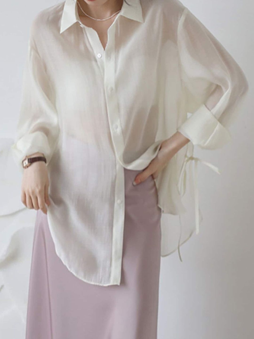 

LULU & SKY Cuffed Sleeves Tie-Ups Shirt Style Top, White
