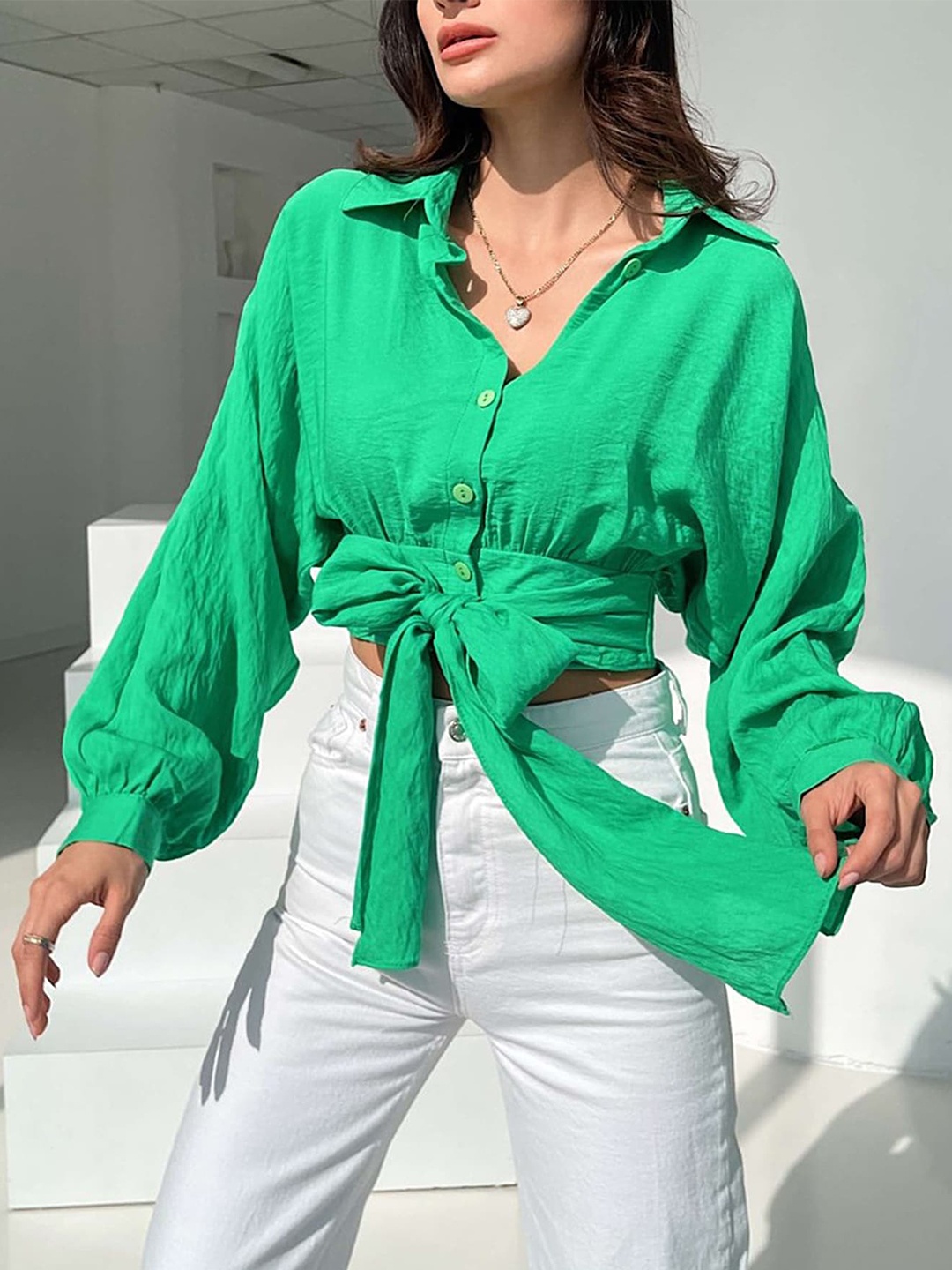 

LULU & SKY Tie-Up Detail Cropped Shirt Style Top, Green