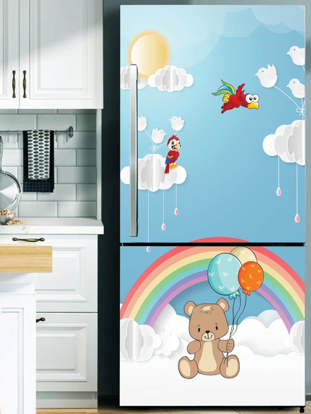 

WallDaddy Blue & White Rainbow Teddy Printed Refrigerator Sticker