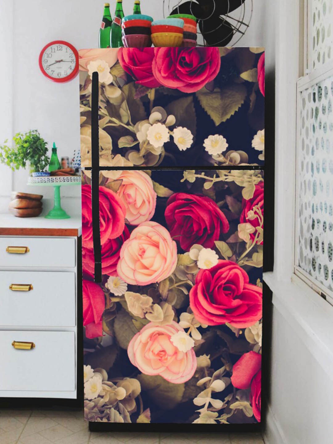 

WallDaddy Black & Red Floral Printed Refrigerator Sticker