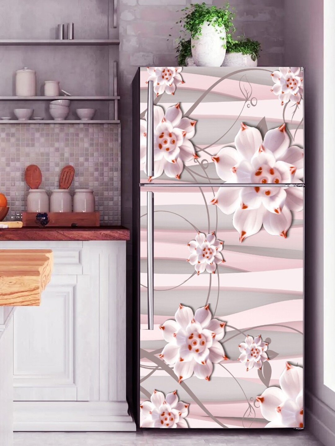 

WallDaddy Grey & Pink Floral Printed Refrigerator Sticker