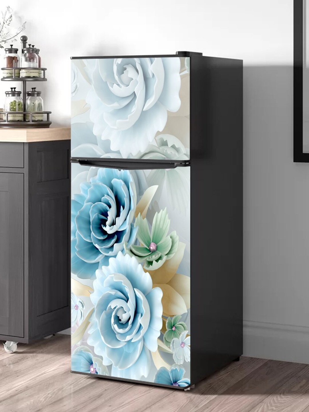 

WallDaddy Blue & Grey Floral-Printed Refrigerator Sticker