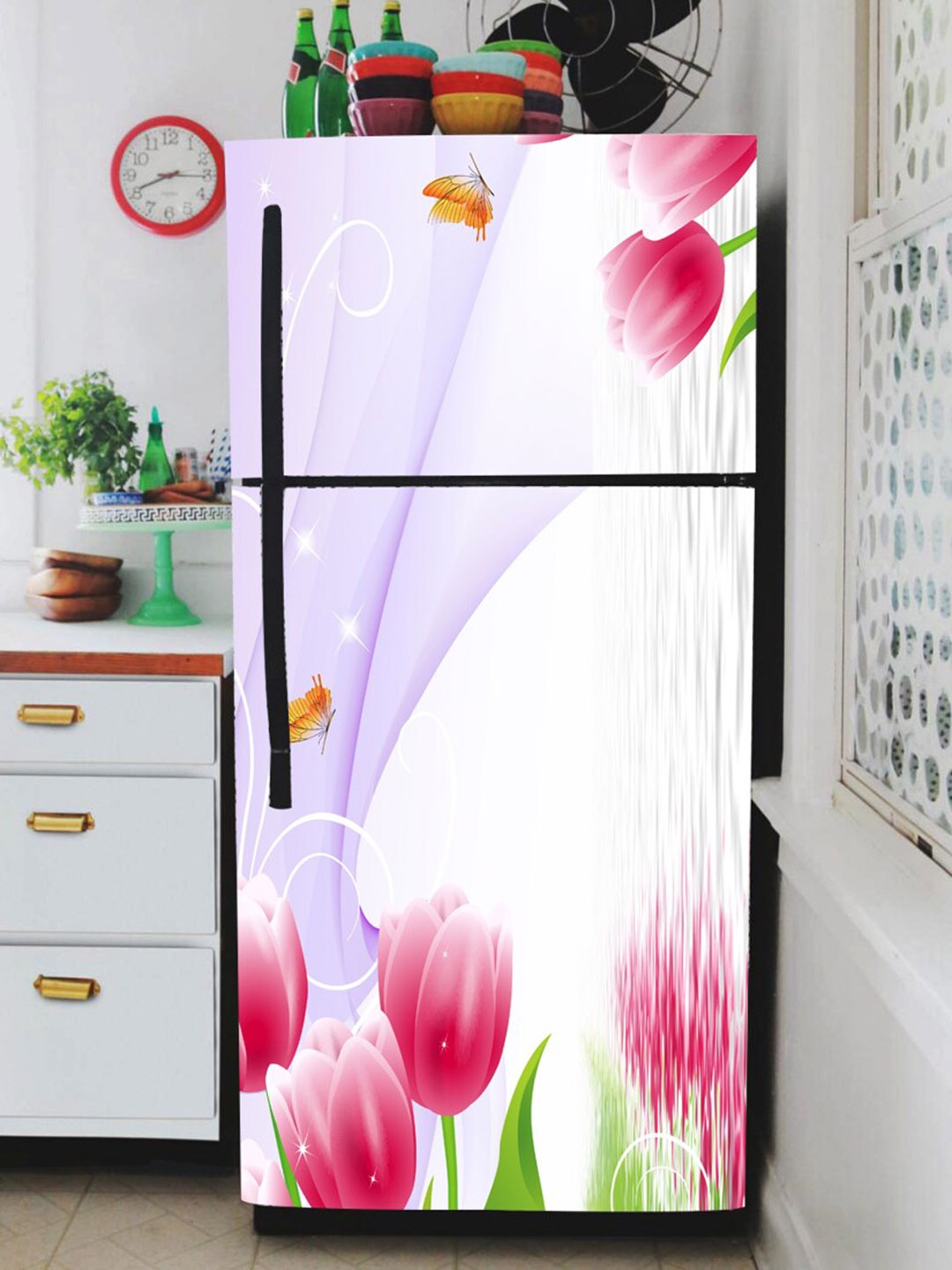 

WallDaddy Purple & Pink Floral-Printed Refrigerator Sticker