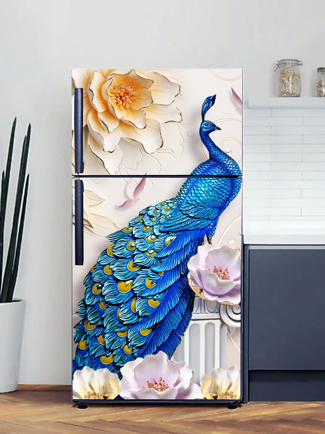 

WallDaddy Beige & Blue Peacock-Printed Self-Adhesive Refrigerator Sticker