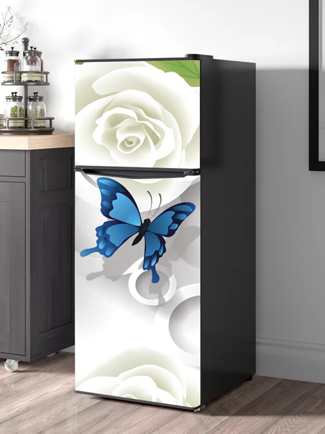 

WallDaddy Grey & Blue Floral-Printed Refrigerator Sticker