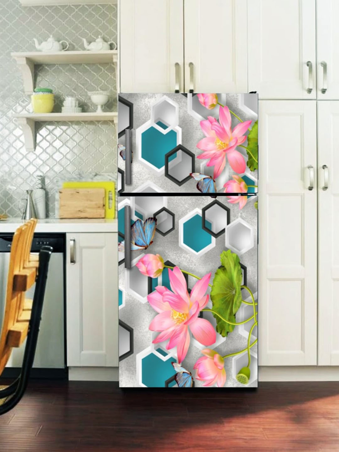 

WallDaddy Grey & Pink Floral Printed Refrigerator Sticker