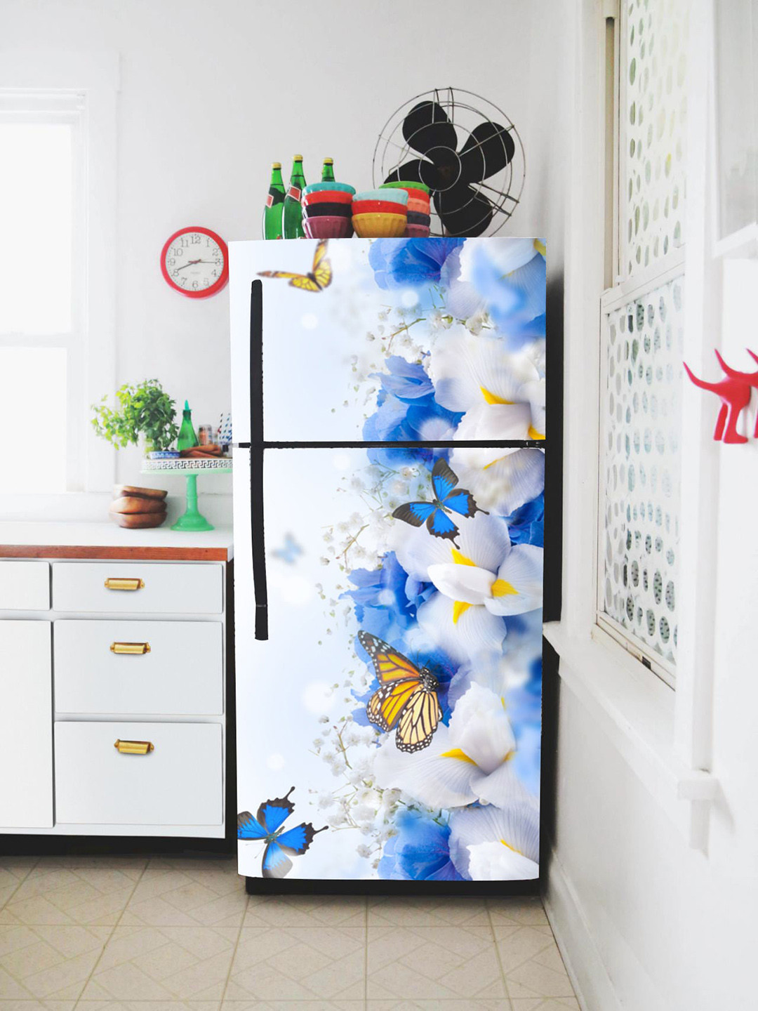 

WallDaddy White & Blue Floral Printed Refrigerator Sticker