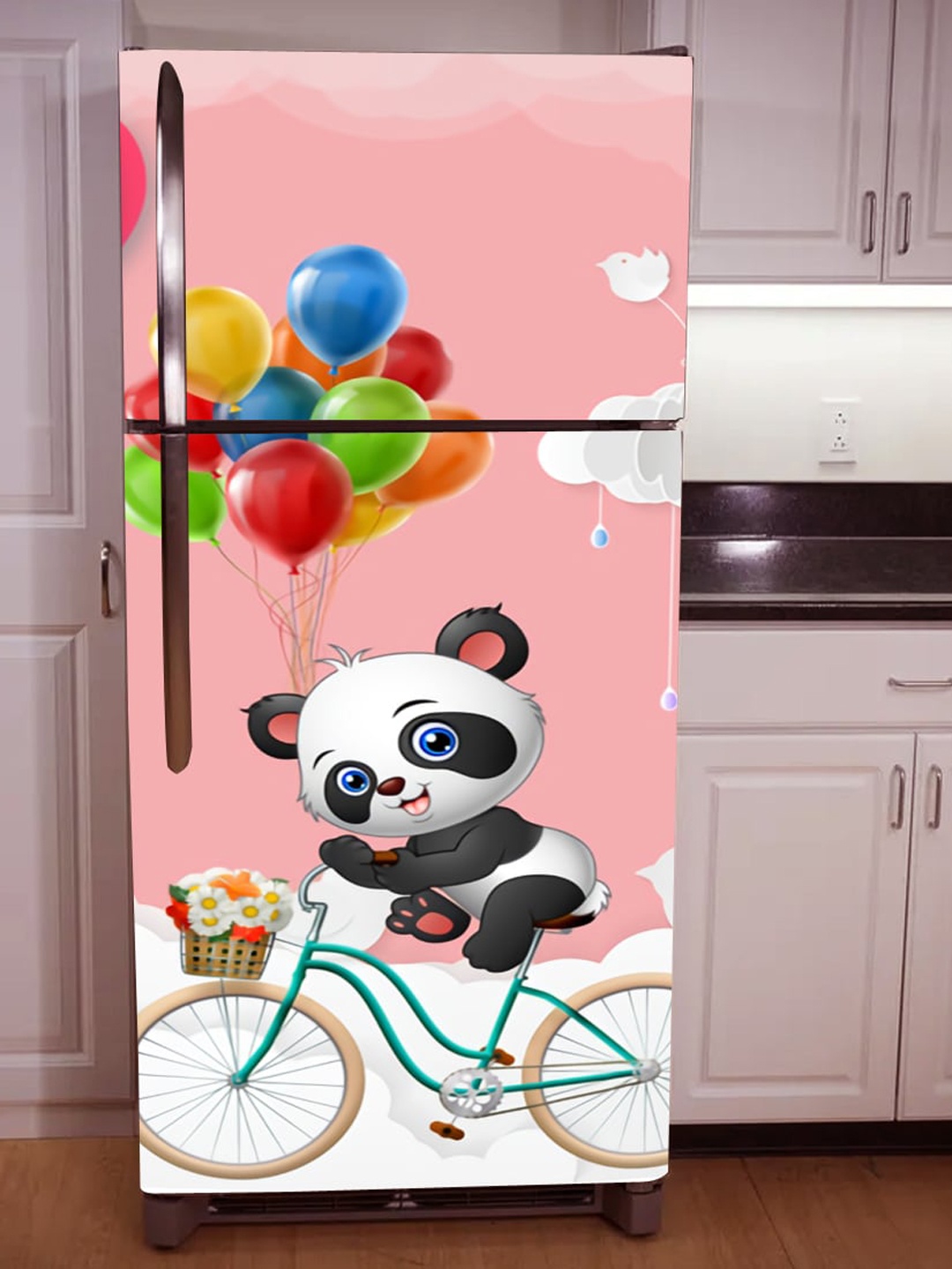 

WallDaddy Pink & White Panda Bicycle-Printed Refrigerator Sticker