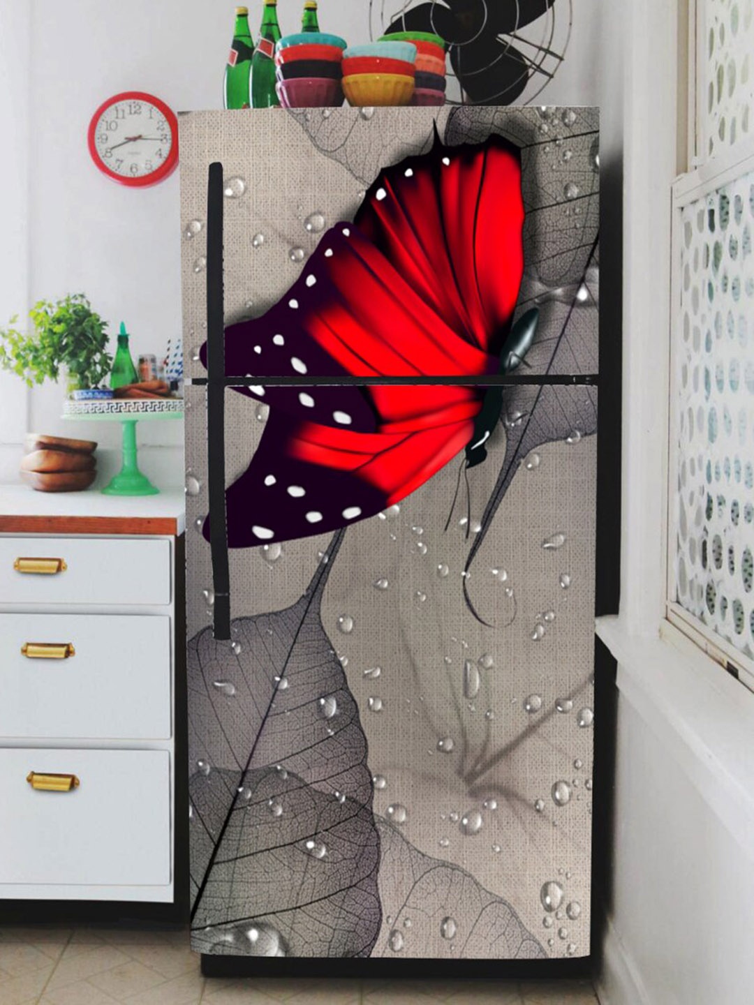 

WallDaddy Grey & Red Leaves Printed Refrigerator Sticker