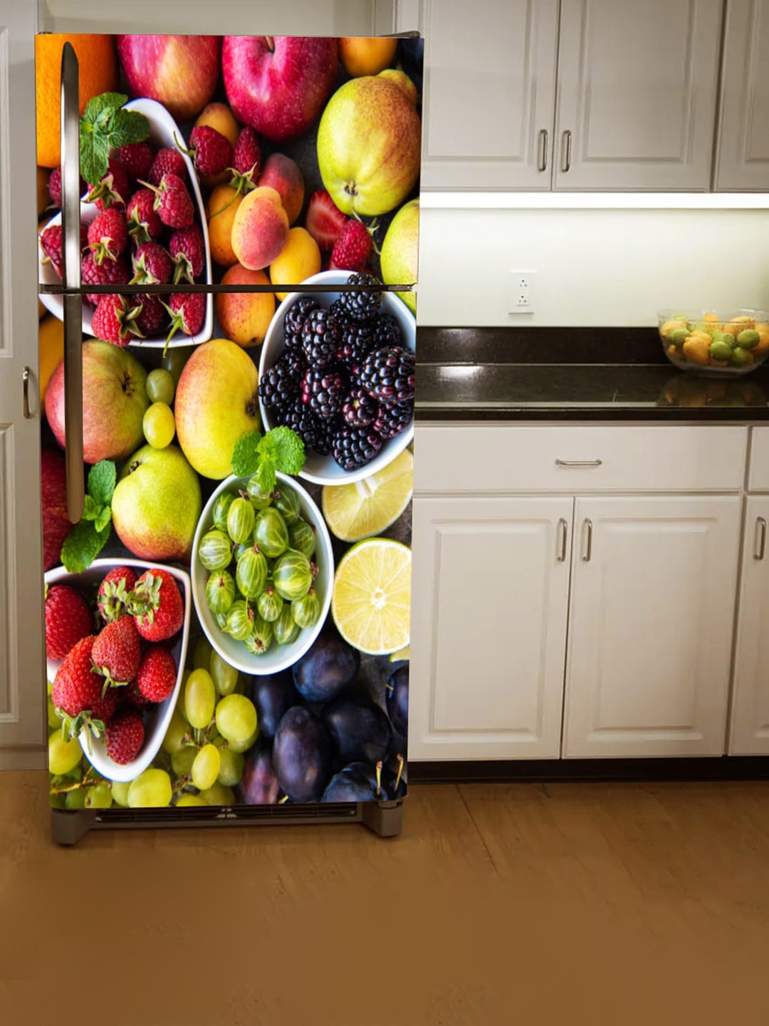 

WallDaddy Red & Green Fruit Bowl Printed Refrigerator Sticker