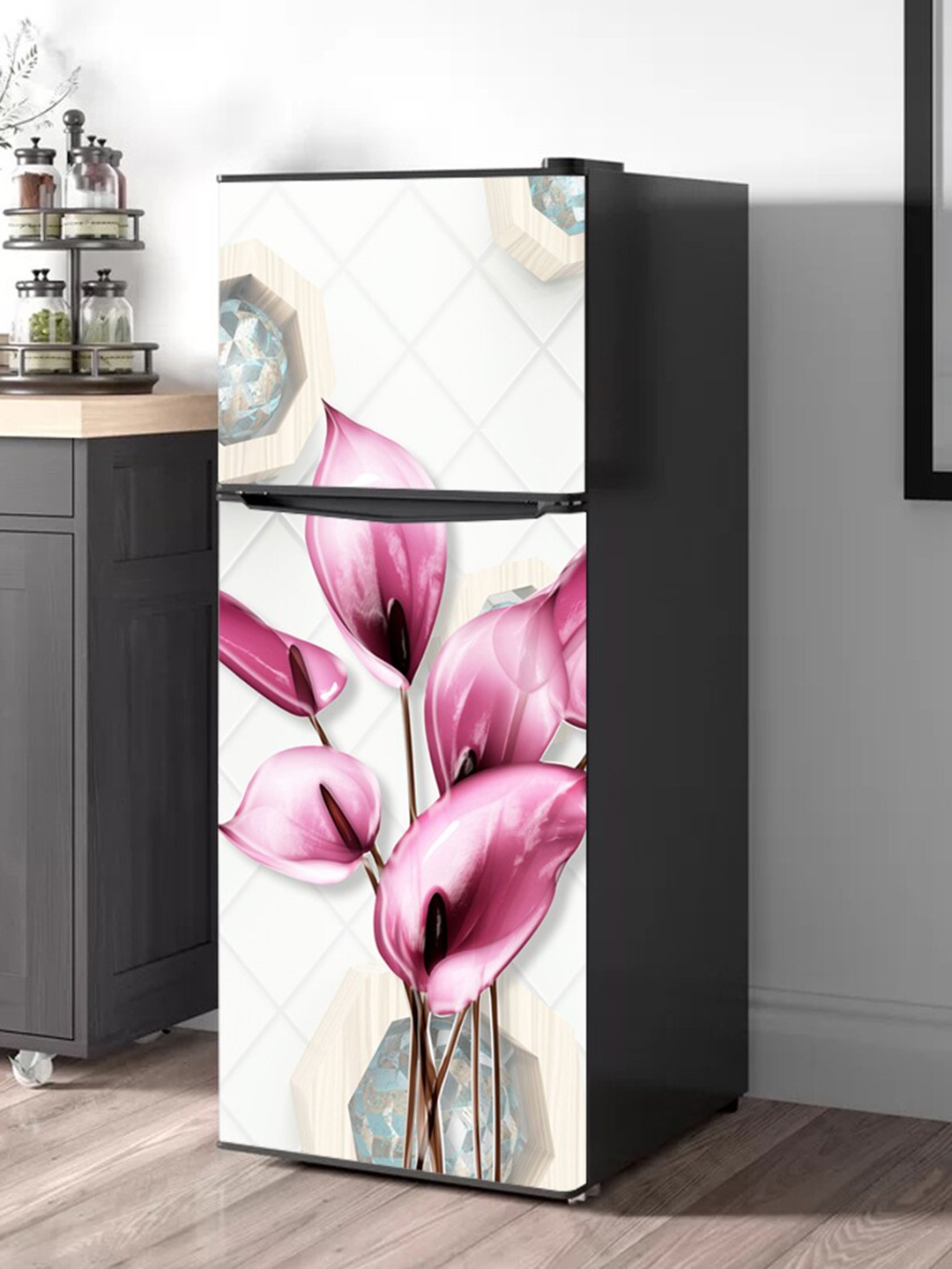 

WallDaddy White & Pink Floral Printed Refrigerator Sticker