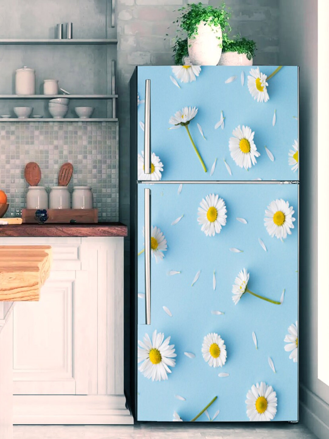 

WallDaddy Blue & White Floral Printed Self-Adhesive Refrigerator Sticker