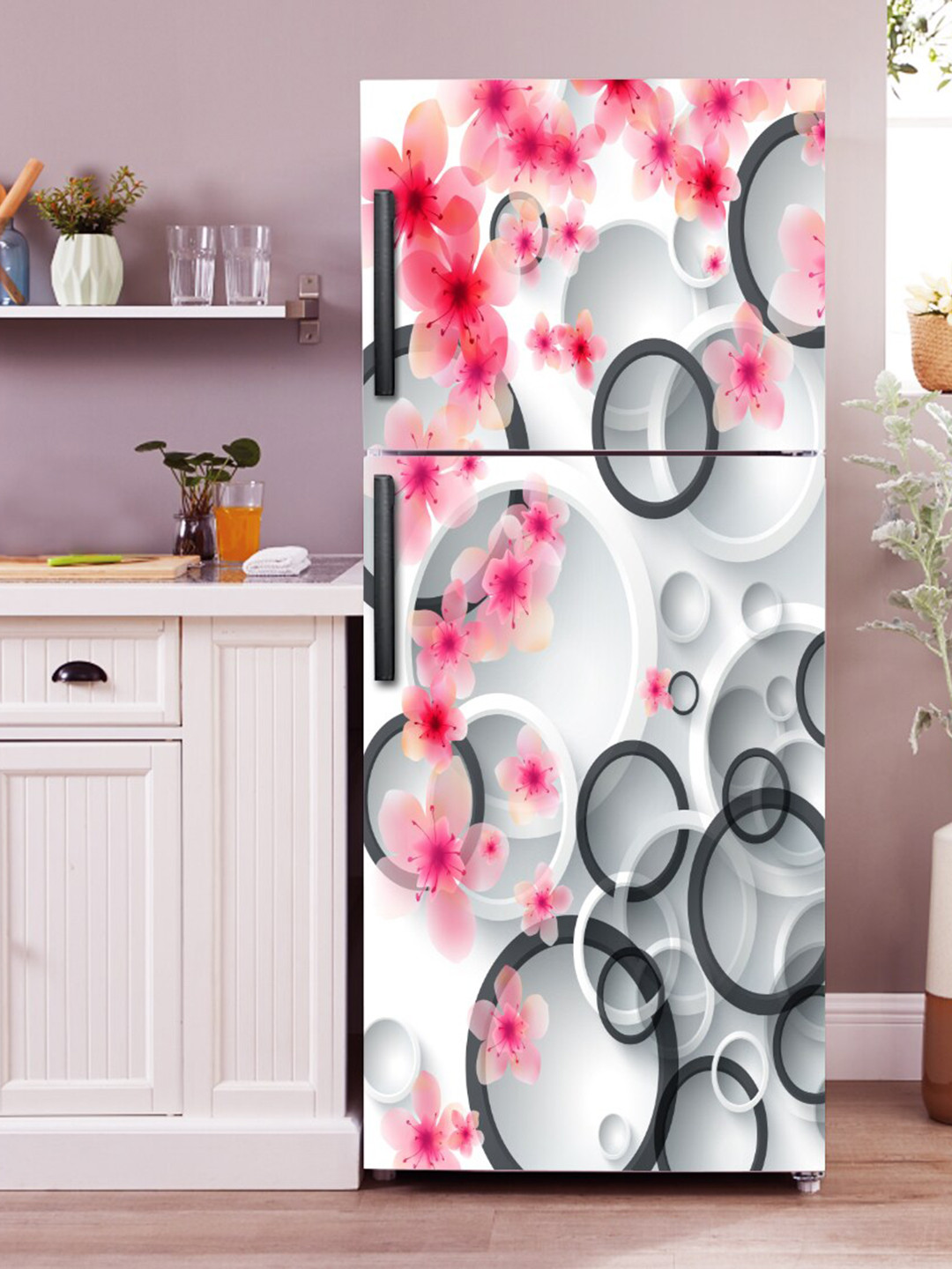 

WallDaddy Pink & Grey Floral Sea Rings-Printed Refrigerator Sticker