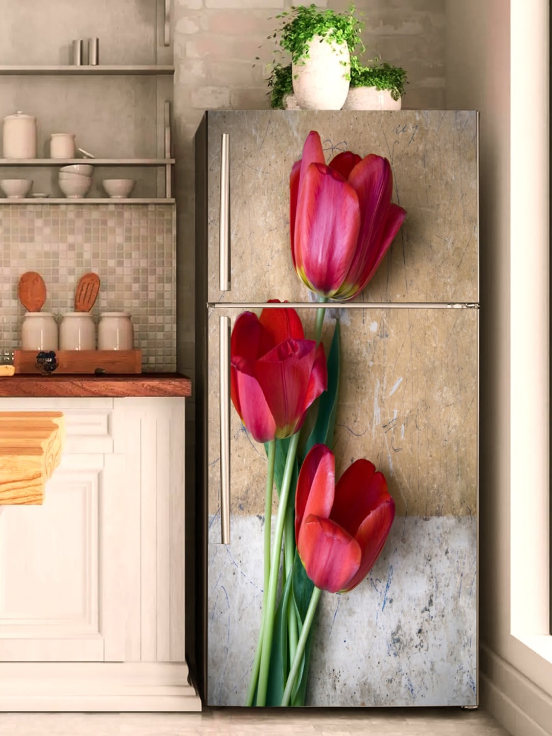 

WallDaddy Brown & Pink Floral-Printed Refrigerator Sticker