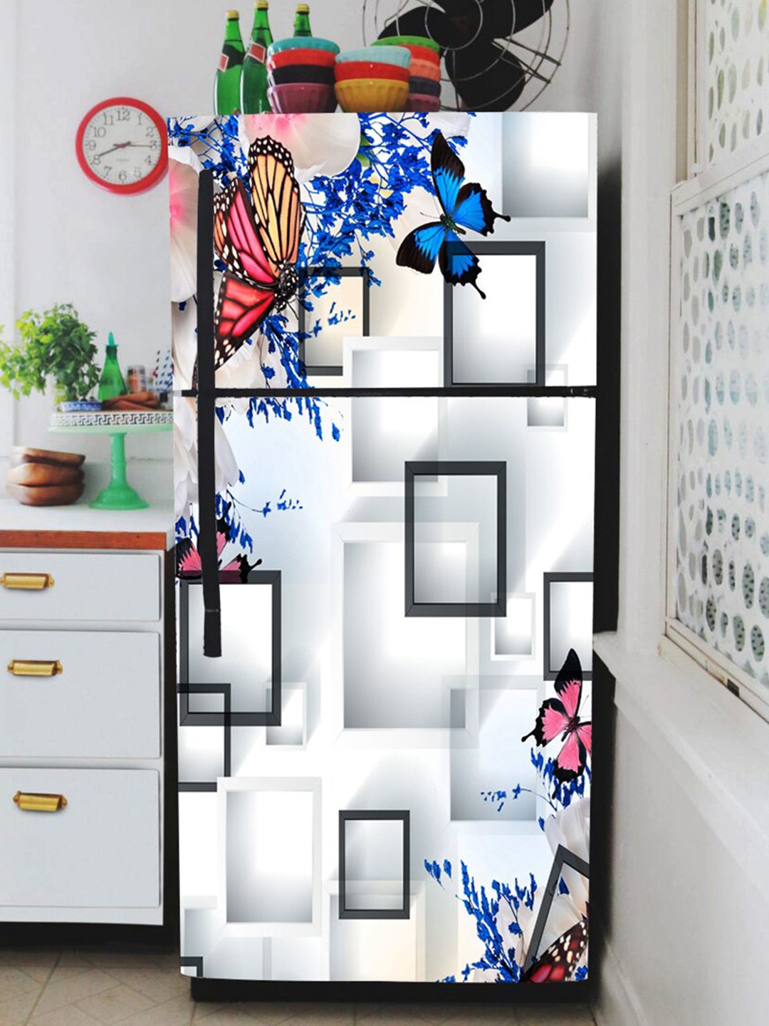 

WallDaddy Grey & Blue Fly Frame-Printed Refrigerator Sticker