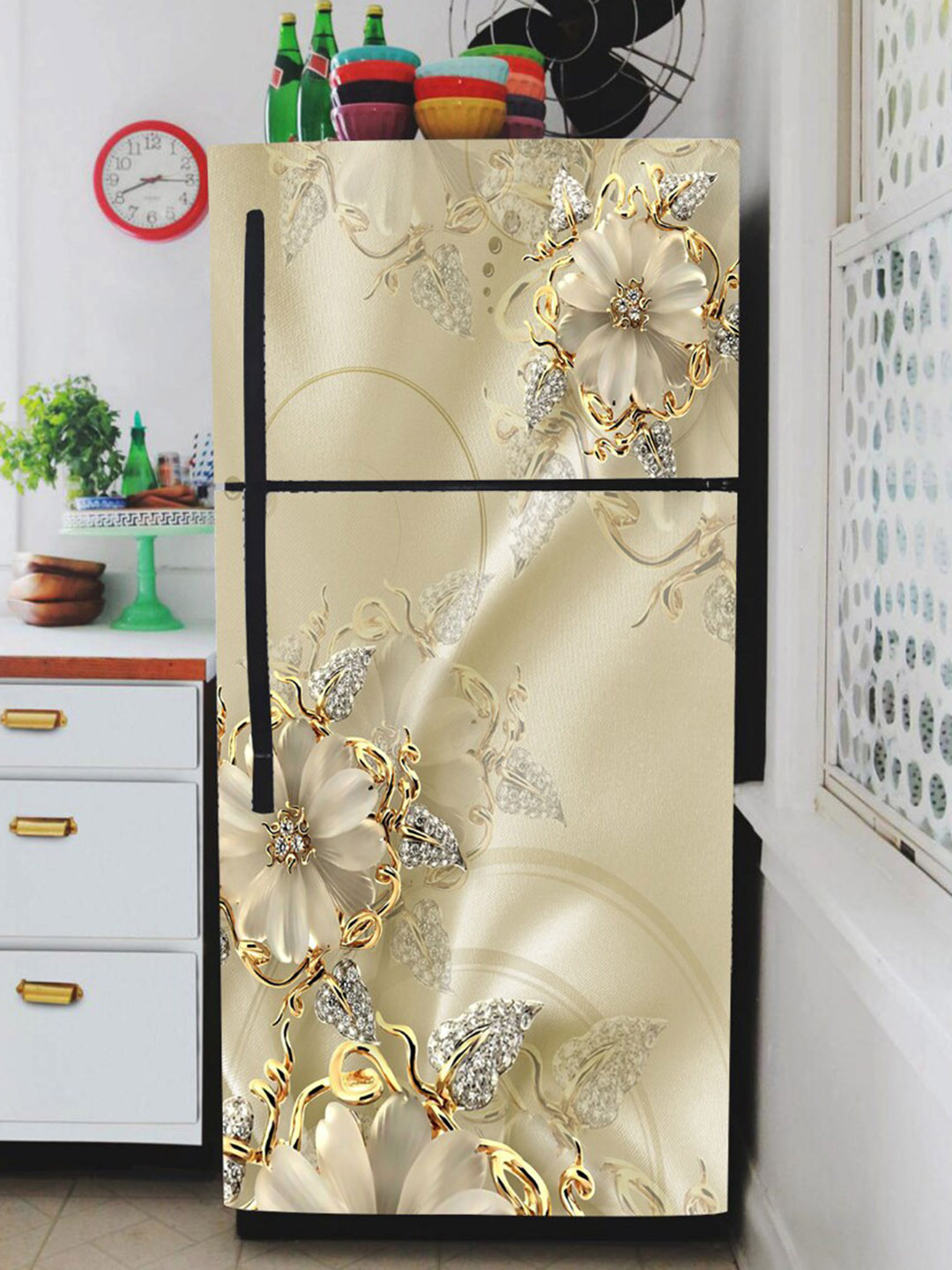 

WallDaddy Gold Toned Floral Printed Refrigerator Sticker