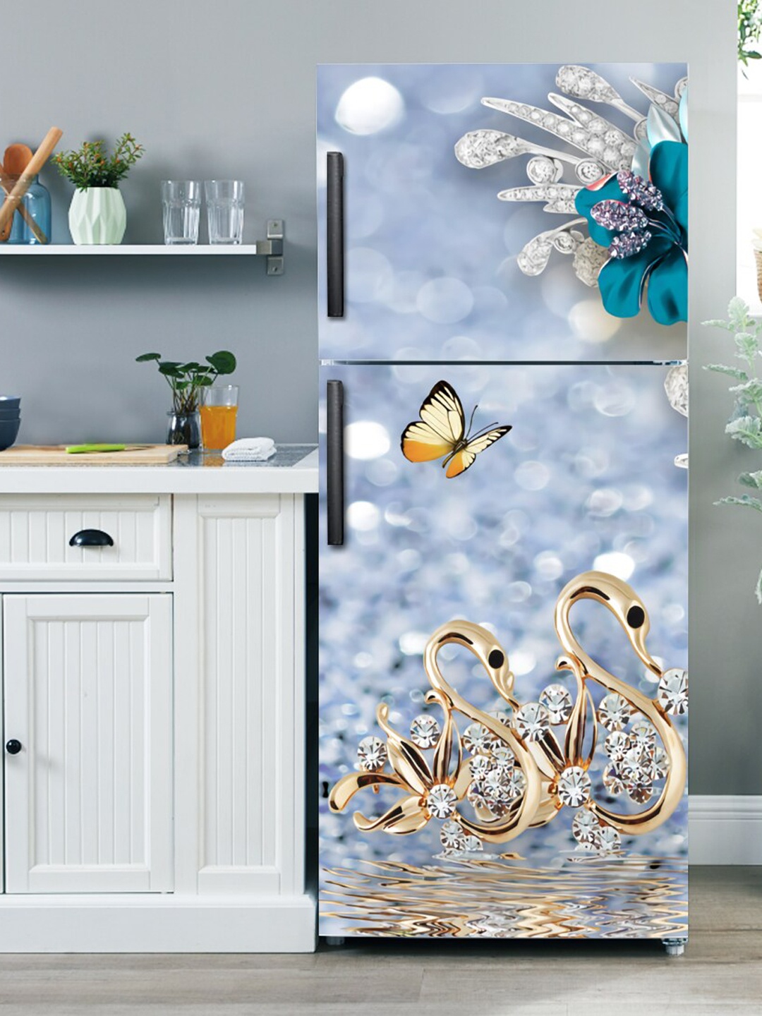 

WallDaddy Grey & Golden Swan Printed Refrigerator Sticker