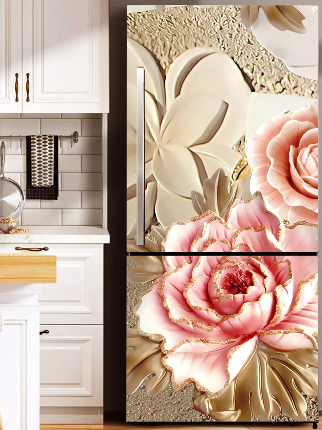 

WallDaddy Beige & Pink Floral Printed Self-Adhesive Refrigerator Sticker