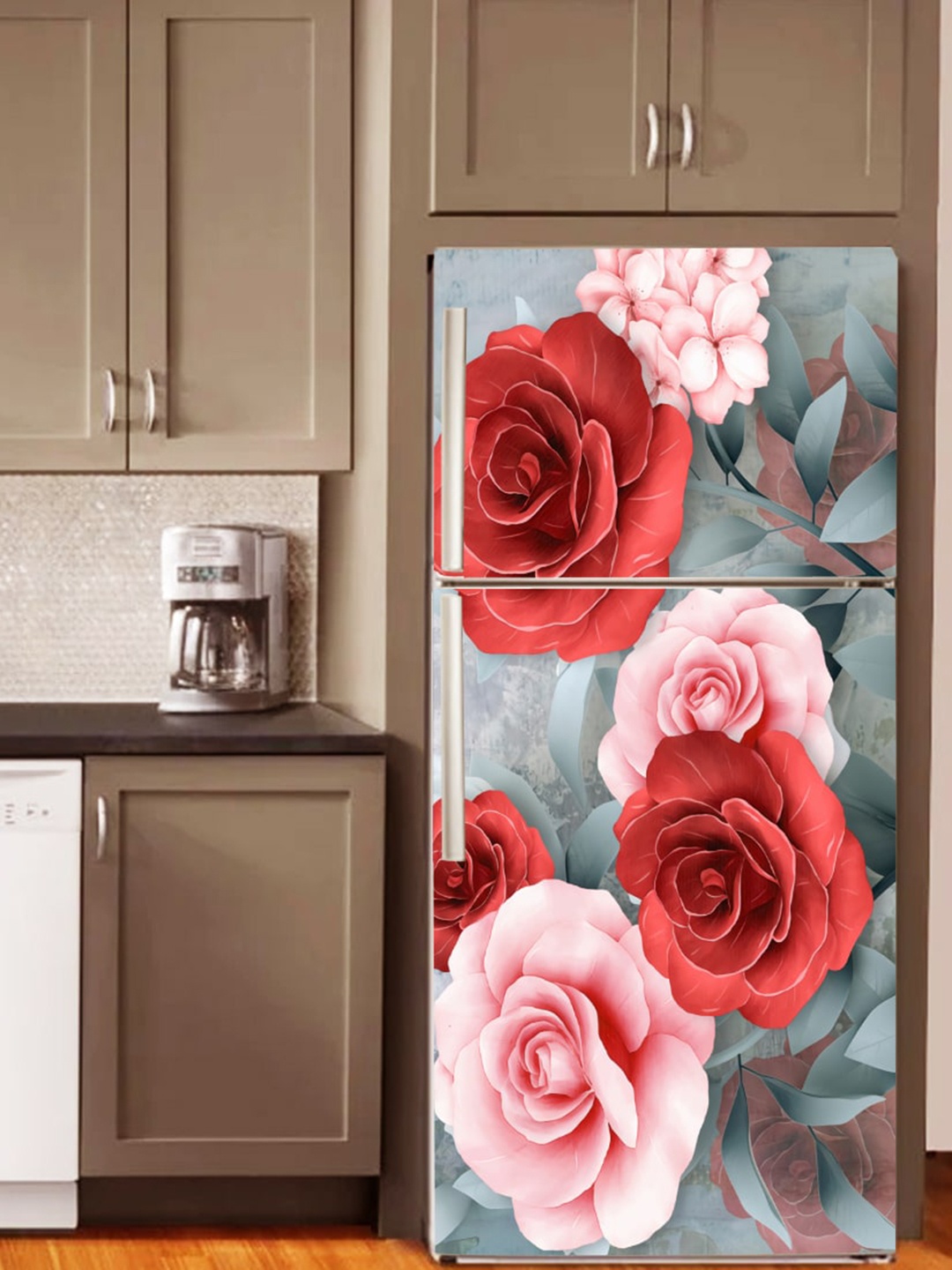 

WallDaddy Grey & Red Floral Printed Refrigerator Sticker