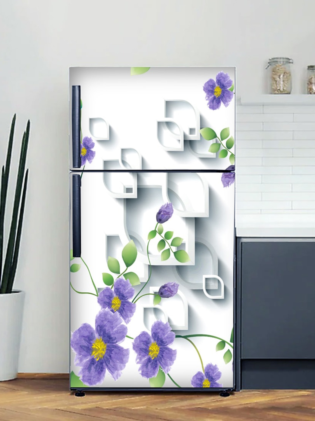 

WallDaddy White & Purple Floral-Printed Refrigerator Sticker