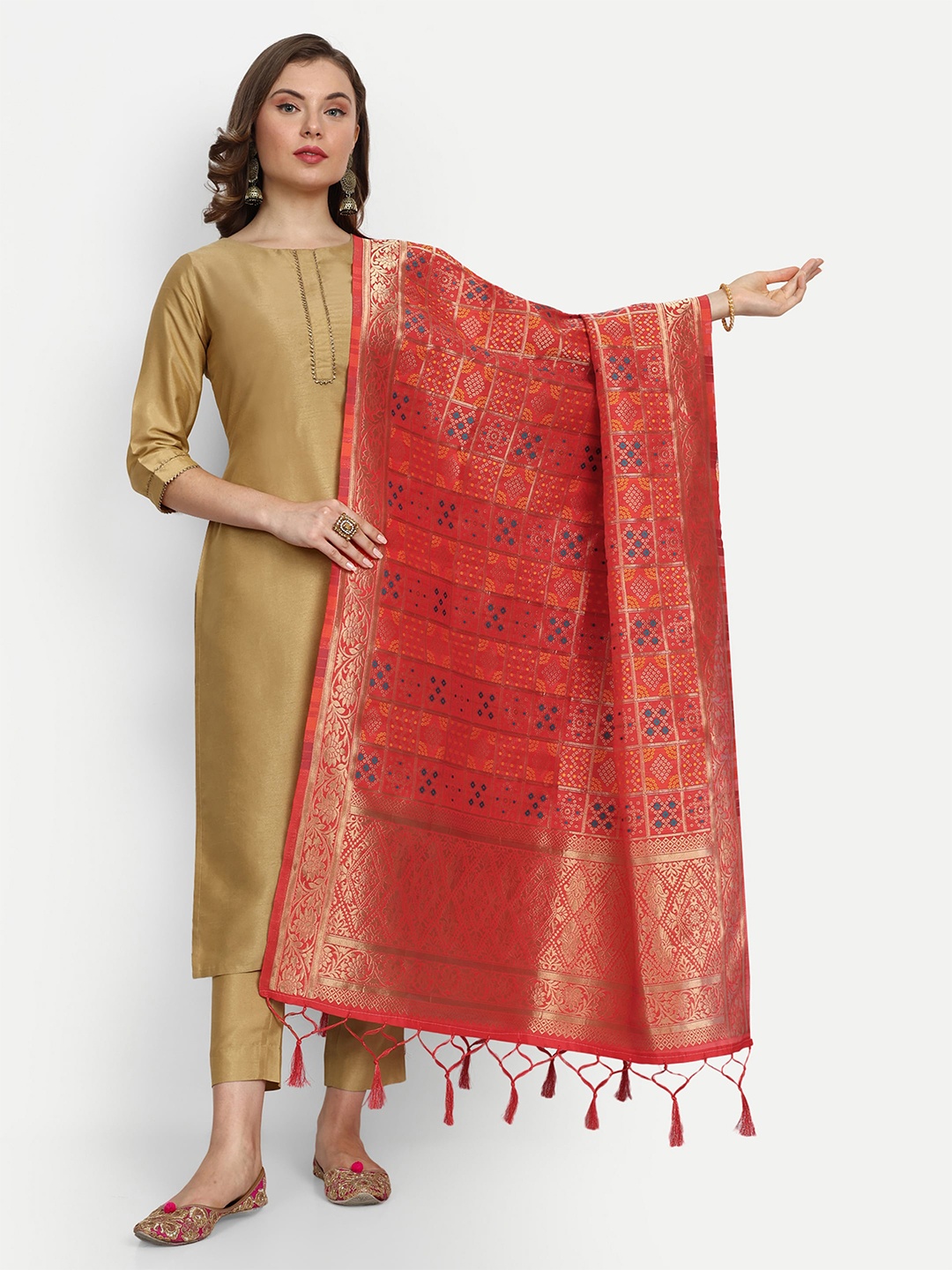 

ESCORA Bandhani Woven Design Silk Dupatta, Red