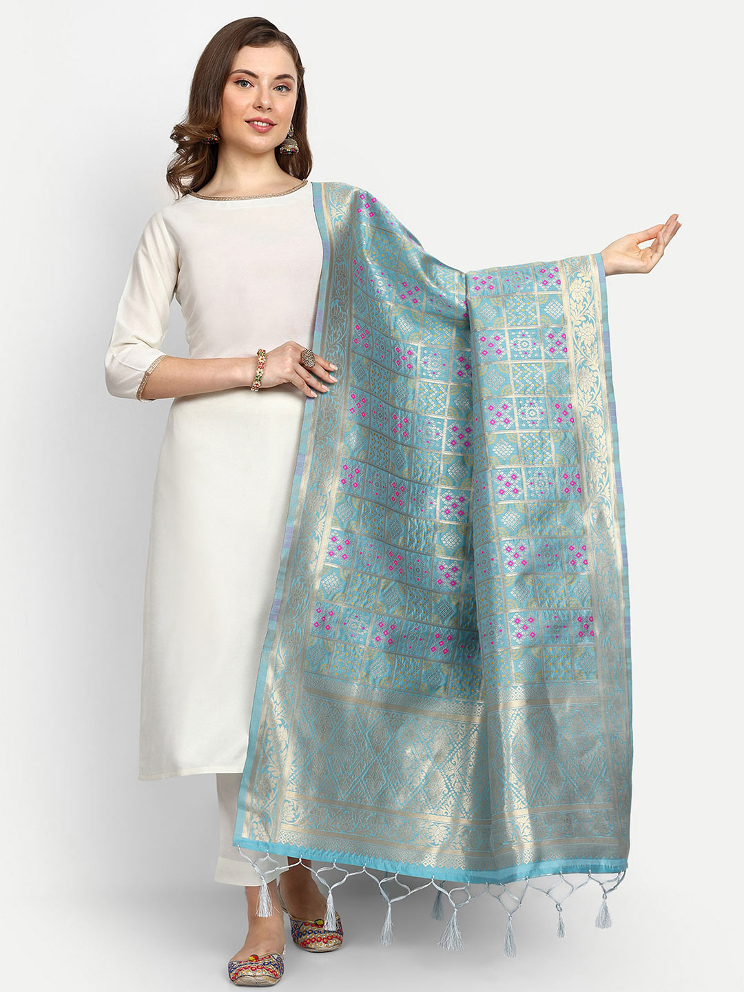 

ESCORA Bandhani Woven Design Tasselled Bandhani Silk Dupatta, Turquoise blue