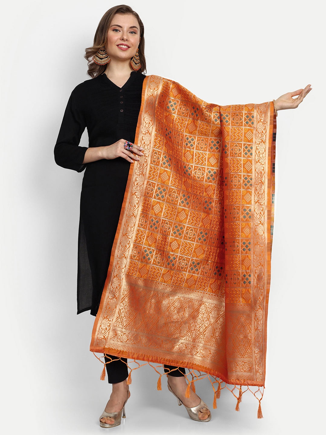 

ESCORA Bandhani Woven Design Tasselled Bandhani Silk Dupatta, Orange