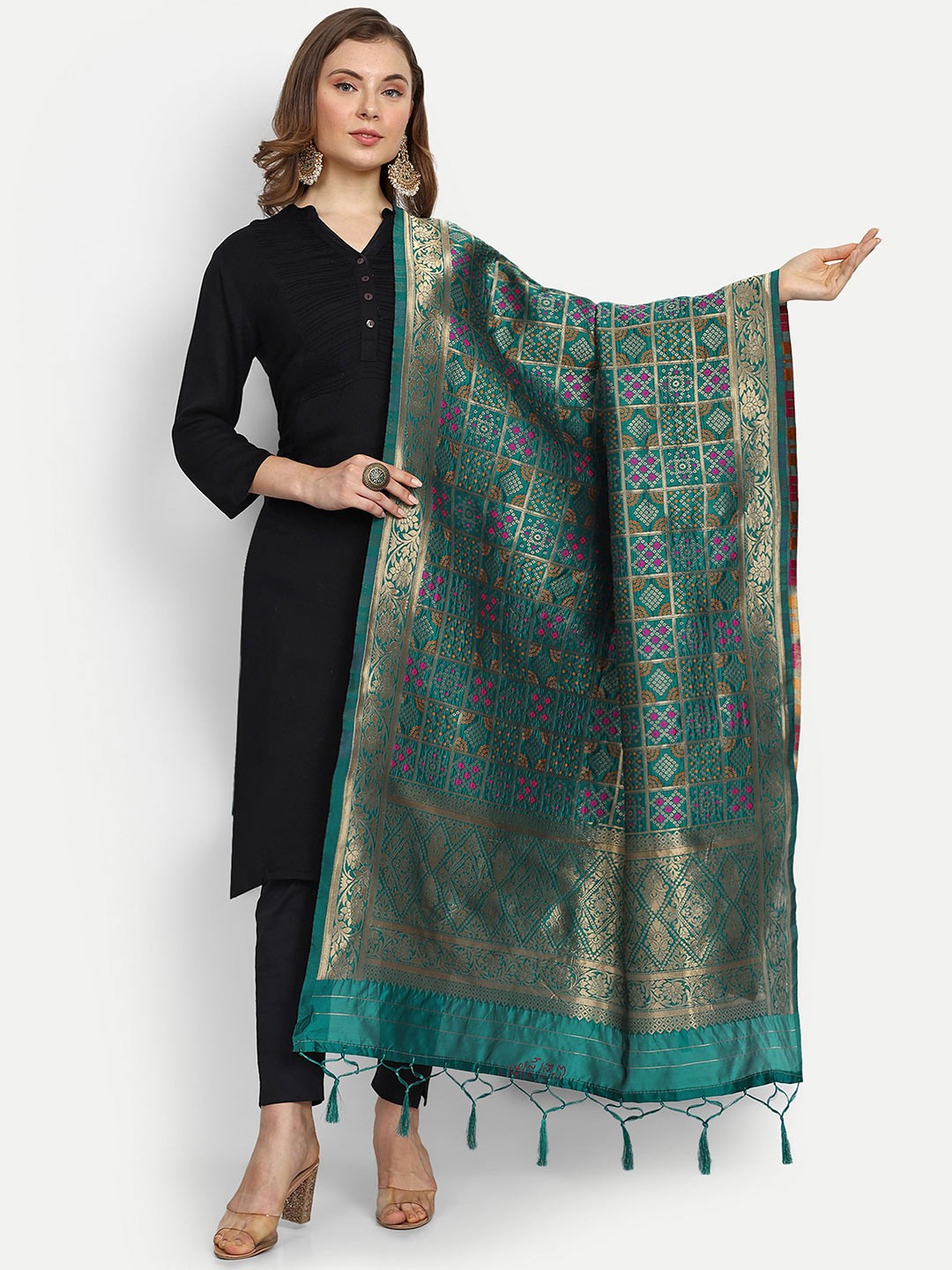 

ESCORA Bandhani Woven Design Silk Dupatta, Teal