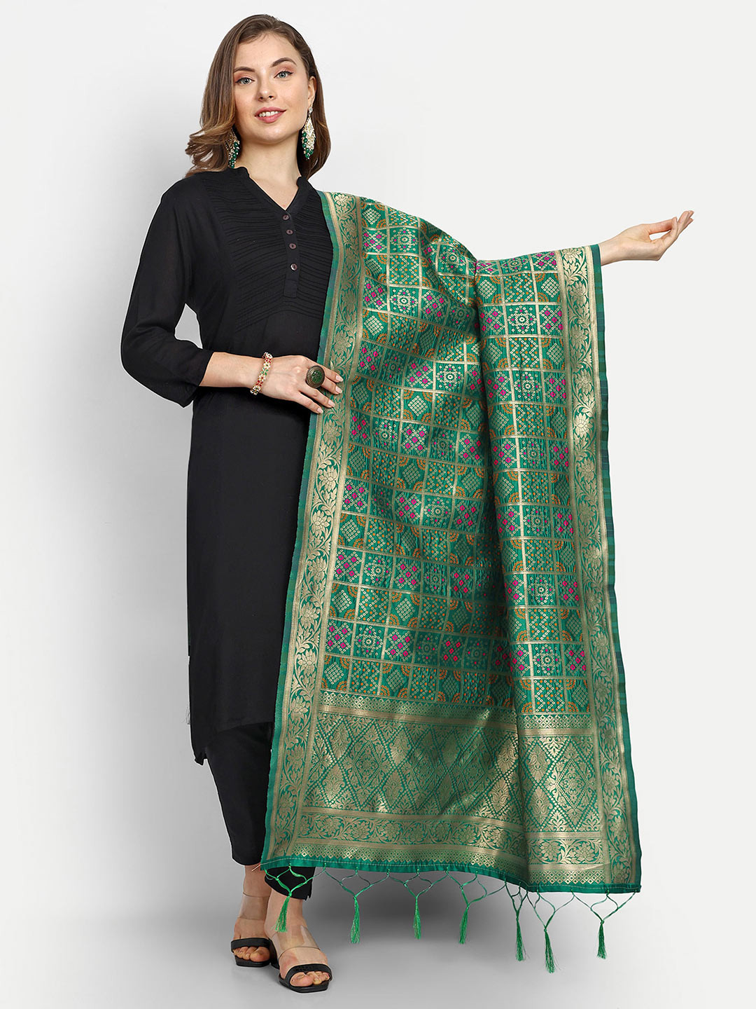 

ESCORA Bandhani Woven Design Silk Dupatta, Green