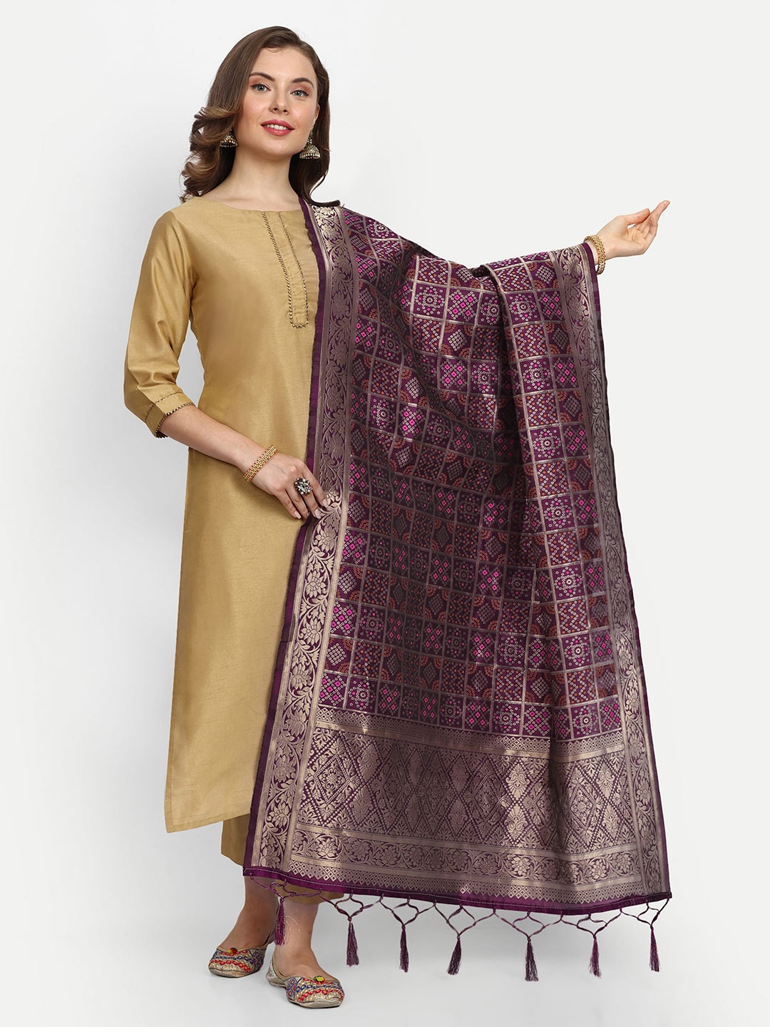 

ESCORA Bandhani Woven Design Silk Dupatta, Purple